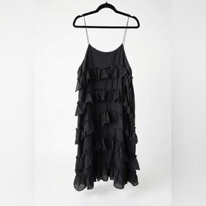 Stylenanda Black Tiered Ruffle Midi Dress 100% Cotton Strappy Slip K-Fashion